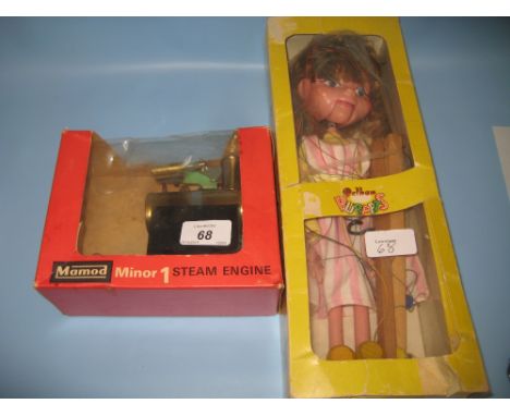 Small Mamod Minor 1 stationary steam engine in original box and a boxed Pelham puppet, ' Girl ' SM9