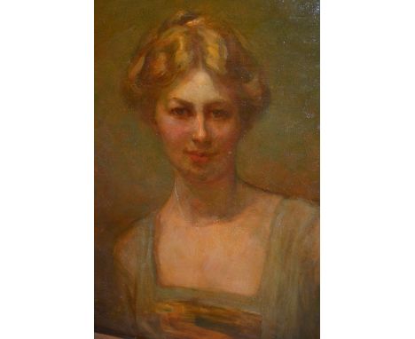 Early 20th Century oil on canvas, head and shoulder portrait of a lady, signed with initials D.M.W., 23ins x 19.5ins, oak fra