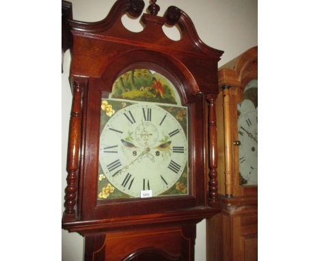 Mahogany longcase clock, the broken arch hood with swan neck pediment above an arched panel door and conforming plinth base, 