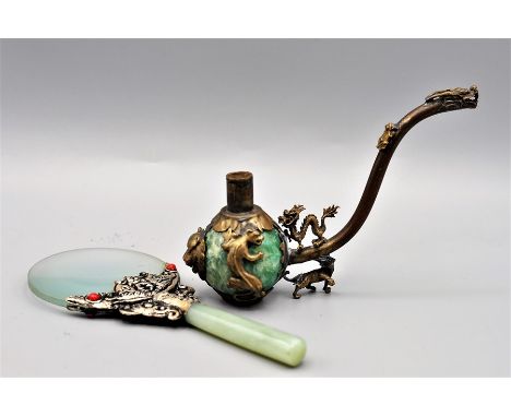 JAPANESE PIPE WITH GREEN MARBLE BOWL AND DRAGON DECORATION TOGETHER WITH WHITE METAL MOUNTED MAGNIFYING GLASS