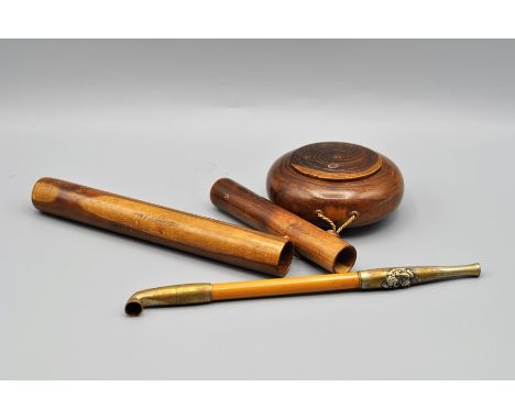 WOODEN AND METAL PIPE IN WOODEN CASE WITH FIGURE ON STEM PLUS TOBACCO BOX 