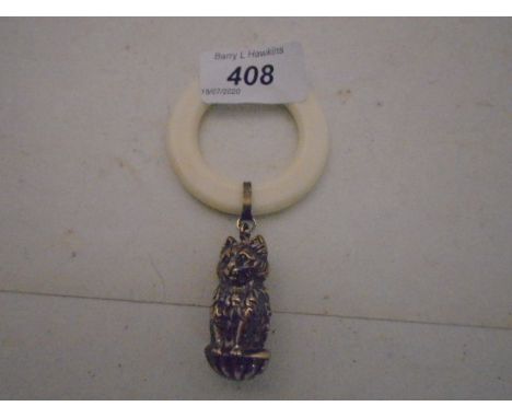 VINTAGE TEETHING RING RATTLE WITH METAL CAT