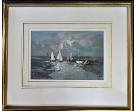 Gouache Seascape of North Norfolk estuary  with sail boats at low tide signed Cox glazed and gilt framed 46cm x 39cm  