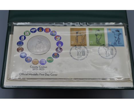 County Cricket 1873-1973 Test &amp; County Cricket Board Official Medallic First Day Cover with silver proof medal (P&amp;P £