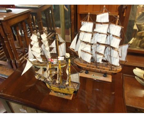 3 Wooden Model Galleons  largest 11 inches wide 13 tall