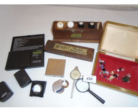 TEST KIT FOR METALS, SCALES, LOOP, BOX OF LOOSE STONES ETC