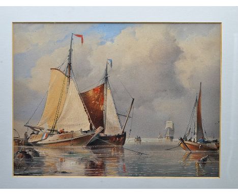 A framed seascape watercolur of French barges loading glazed in gilt frame 42cm x 36cm   