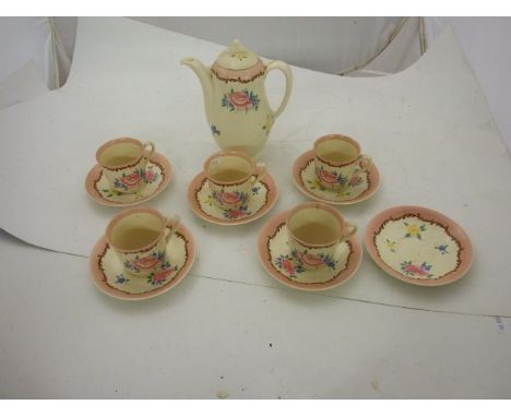 Clarice Cliff ( wilkinson ) Coffee pot , 6 saucers &amp; 5 cups