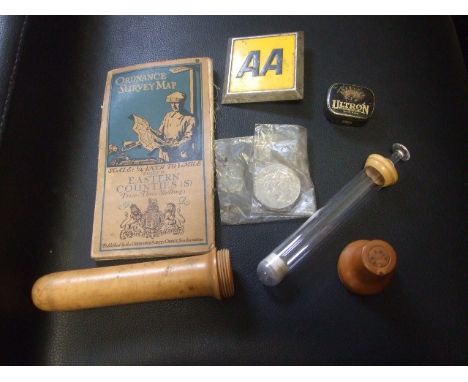 Vintage Syringe in wooden case , AA Badge , Ordnance Survey Eastern Counties , Ultron Gramophone Records Tin  &amp; Charles D