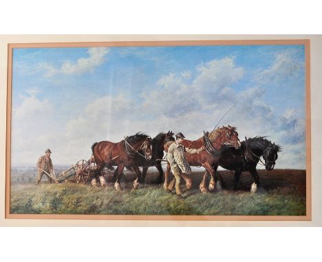 A framed lithograph of a ploughing team of four horses signed F Patton 1887 84cm x 23cm 