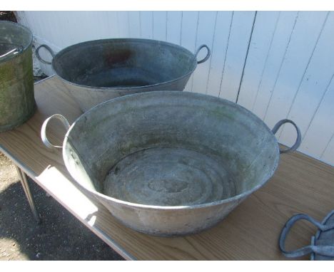 2 Vintage Galvanised Tin Baths 19 x 15 inches &amp; 20 x 16 inches both 8 inches tall &amp; Galvanised Bucket ( hole in side 