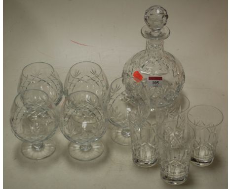 A cut crystal decanter and stopper with five brandy balloons and four associated beakers