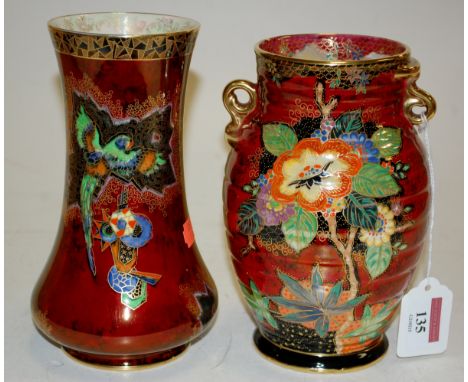 Crown Devon Fieldings lustre decorated ribbed vase, and one other by the factory (2)