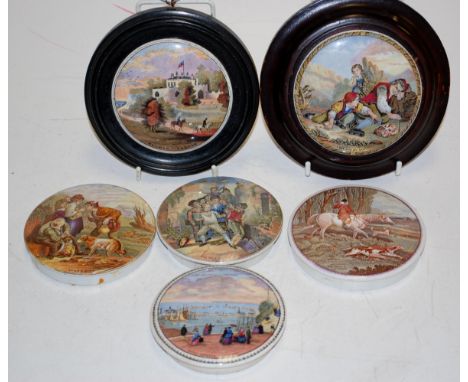 Six various Victorian prattware pot lids to include Walmer Castle