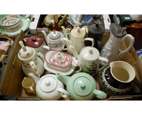 Six boxes of mixed china and effects to include; teapots including Sunderland lustre, Royal Worcester Gold Chantilly, Royal D