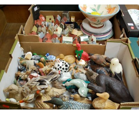 Six boxes of mixed china and effects to include; quantity of miniature china houses, wooden and ceramic ornamental ducks, Sta