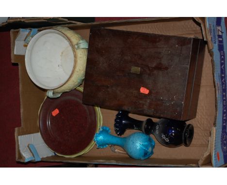 Mixed lot to include glass vases, walnut unfitted box, Worcester style jardiniere etc