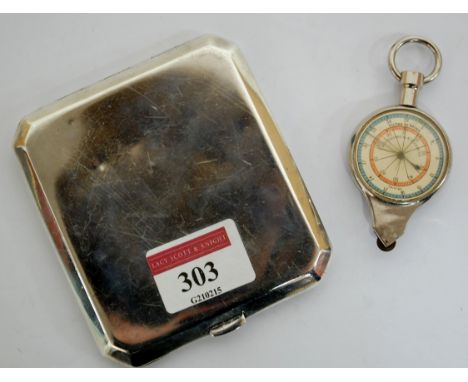 An Art Deco silver cigarette case having a gilt washed interior, together with a pocket map measurer