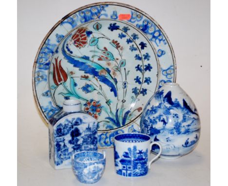 Sundry ceramics to include Chinese bottle flask section, blue & white printed coffee can, Chinese stoneware tea canister, etc