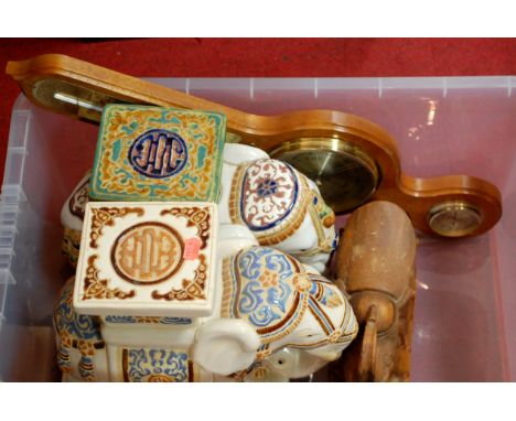 Mixed lot to include; graduated set of three ceramic elephant garden seats, mid-20th century leather travelling case, baromet