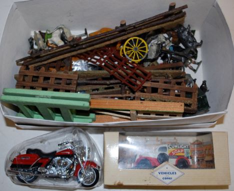 A box of lead Britains farm animals, zoo animals, and other accessories; together with a boxed Corgi diecast model 