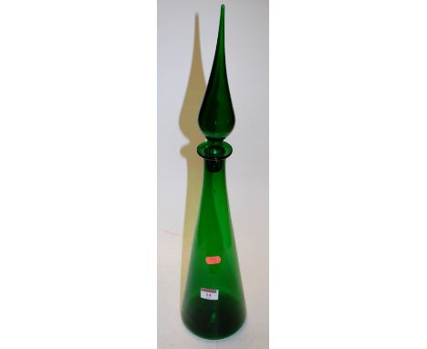 A green glass conical decanter and stopper