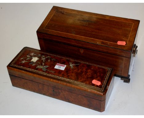 A 19th century mahogany and boxwood inlaid fitted tea caddy, and one other rosewood crossbanded and mother of pearl inlaid si