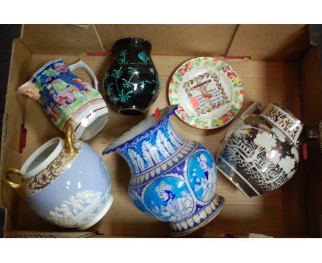 Mixed ceramics to include silver lustre jug, 19th century mask jug, Spode storage jar (lacking cover) etc