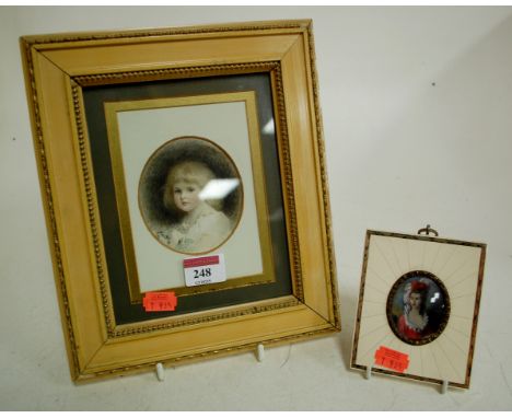 A reproduction faux ivory cased portrait miniature, and one other portrait of a child, miniature watercolour (2)