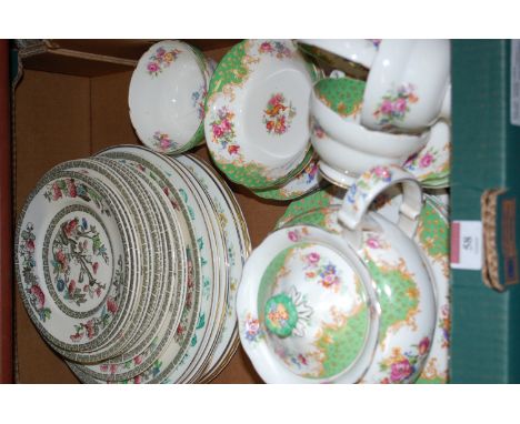 Box of assorted tea wares to include Paragon and Johnson Brothers Indian Tree pattern part dinner service