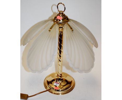 A lacquered brass table lamp with frosted glass sectional shade 