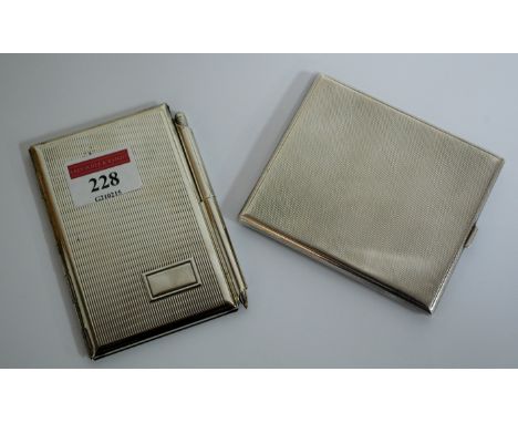 Engine turned silver pocket cigarette case, and a chrome pocket notepad (2)