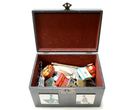 Oriental box and sundry contents to include flatwares, glasses, harmonica, etc