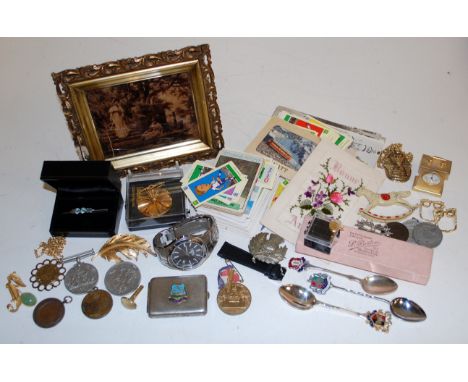 A mixed lot to include various medals, cigarette case, sweetheart postcards, a late 19th century framed Crystoleum etc