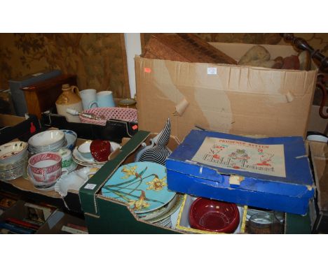 Four boxes of mixed china and effects to include Chad Valley child's tea set, art glass vase, crocodile skin luggage case, 19