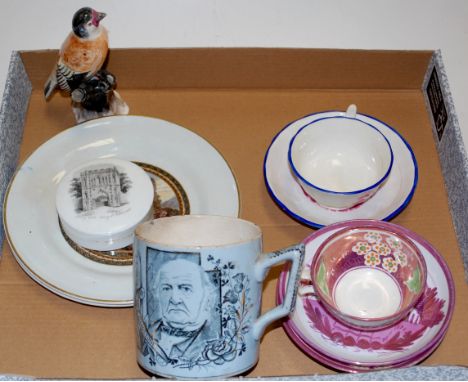 Mixed ceramics to include two Victorian prattware plates, trinket box and cover depicting the Abbey Gate, Bury St Edmunds, lu