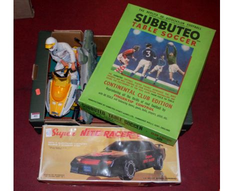 Two boxes of childrens toys and games to include; cased Subbuteo table soccer, Nite Racer, Action Man figures etc 