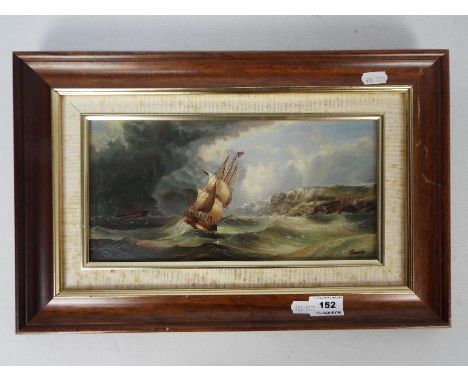 Continental school, 20th century - A framed oil on board seascape with ships in heavy seas, signed lower right Francia, appro