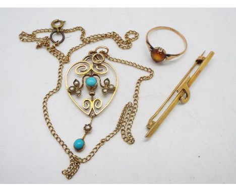 Lot to include a yellow metal pendant set with split pearl and turquoise, stamped 9ct, on unmarked chain, an unmarked yellow 