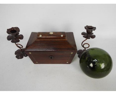 Lot to include a sarcophagus form tea caddy, pair of copper candlesticks and a green glass fishing float, 12 cm (d).