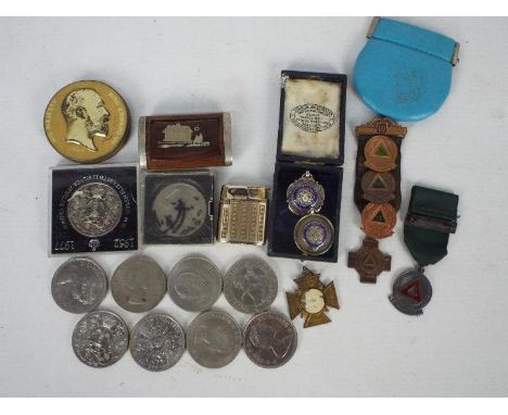 Lot to include various medals and medallions including two white metal and enamel Liverpool County Football Association medal