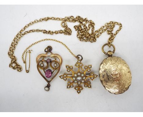 A yellow metal mourning locket (A/F) on 9ct gold chain, 50 cm length, a yellow metal pearl set brooch and yellow metal pendan