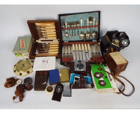 Mixed collectables to include technical drawing set, cased compass, cased flatware, vintage barometer, cameras and similar.
