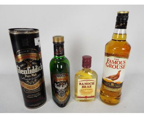 Scotch Whisky - A 35cl bottle of Glenfiddich single malt whisky, a 70cl bottle of Famous Grouse and a 20cl bottle of Banoch B