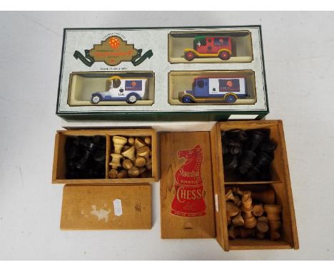 Two Staunton type chess sets, one with 5.5 cm (h) king, the other 7 cm and a small quantity of diecast vehicles. 