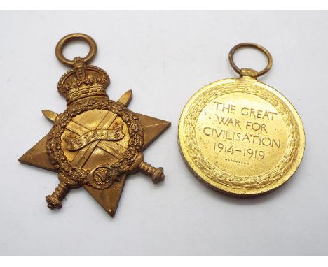 A World War One (WW1 / WWI) medal pair comprising 1914 - 1915 Star and Victory Medal, named to 5588 PTE W H RATCLIFFE MANCH R