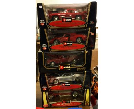 BURAJO: Five various 1:18 scale boxed model cars. Est. £20 - £30.