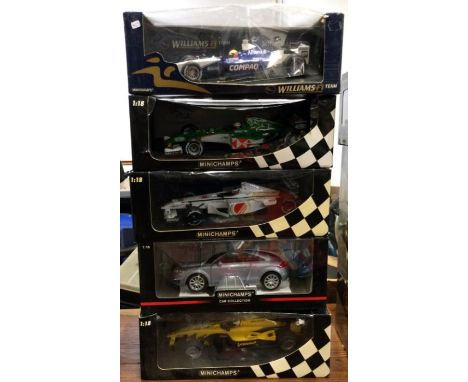 MINICHAMPS: Five various 1:18 scale boxed model cars. Est. £20 - £30.