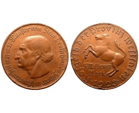 GERMANY. NOTGELD. Weimar Republic, 1918-1933. Brass 50 Millionen Mark, 1923. Commemorating Freiherr vom Stein. Issued by Land