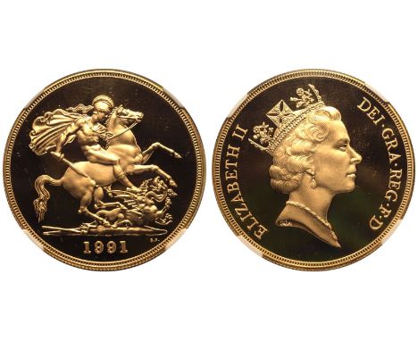 UNITED KINGDOM. Elizabeth II, 1952-2022. Gold 5 Pounds (5 Sovereigns), 1991. Royal Mint. Proof. Third crowned head of Elizabe